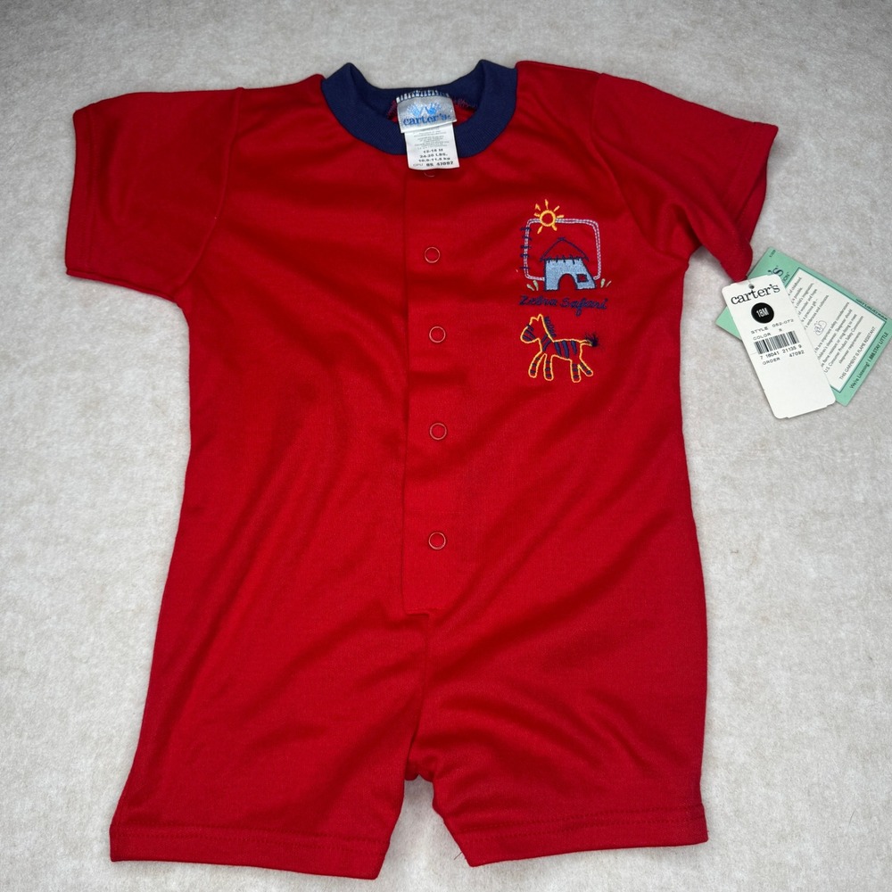 Carters 12-18M Red Safari Romper Jumpsuit Short‎ Sleeve Baby Boy NWT VTG New
